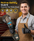Person holding Flathead Brushless Cordless Angle Grinder Kit With Five Amp Hour Battery And Fast Charger, design icons visible