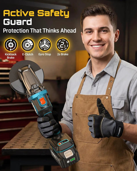 Person holding Flathead Brushless Cordless Angle Grinder Kit With Five Amp Hour Battery And Fast Charger, design icons visible