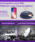 Charging feature of 10000mAh Rechargeable UV Blacklight Lantern with waterproof and shockproof properties depicted.