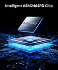 Image of Intelligent ASM2464PD Chip displaying blue light circuitry on a circuit board backdrop.