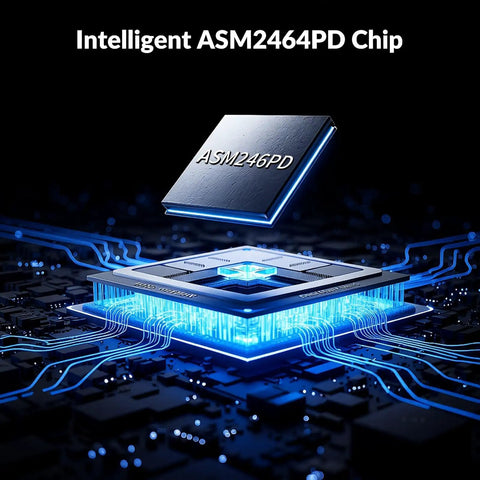 Image of Intelligent ASM2464PD Chip displaying blue light circuitry on a circuit board backdrop.