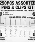 Must Have Heavy Duty Cotter Pin Kit 250Pcs Stainless 304 R Clips Hairpin Pins Set packaging showing 12 sizes and quantities.