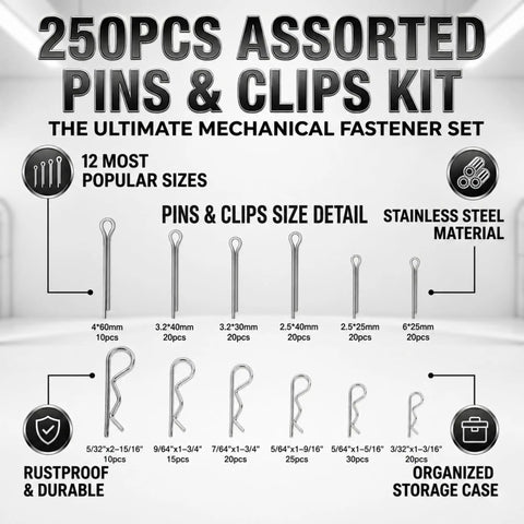 Must Have Heavy Duty Cotter Pin Kit 250Pcs Stainless 304 R Clips Hairpin Pins Set packaging showing 12 sizes and quantities.