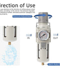 Instruction diagram for Industrial Air Compressor Filter Regulator Combo 3/8 Inch NPT 0-150 PSI with semi-auto drain feature.