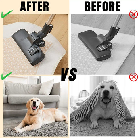 Comparative image showing Ultra Thin Rug Tape Set With 12 Reusable Sheets, Non Slip Carpet Tape on a vacuum cleaner.