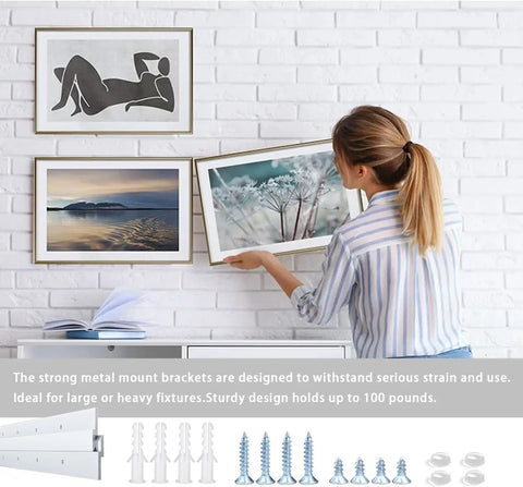 Built Tough Twelve Inch French Cleat Wall Mounting Kit With Complete Screws And Plastic Anchors For Quick No Fuss Setup Holding Up To Eighty Pounds For Wall Pictures Mirrors Artwork Lockers And Cabinets, woman hanging picture.