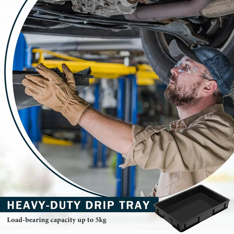 Mechanic using Oil Drain Pan Drip Tray 24 By 15.5 Inch Leak Proof Plastic Catch Pan for under vehicle maintenance
