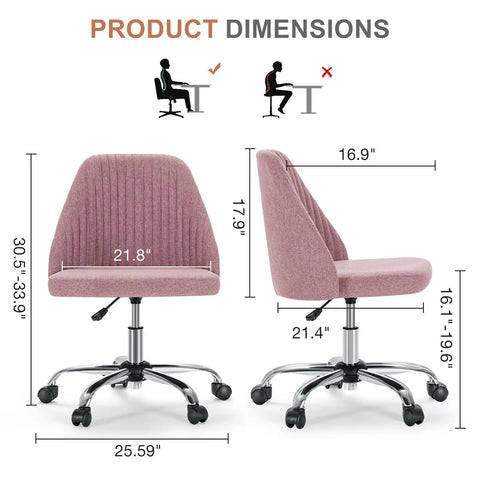 Diagram showing dimensions of Comfy Vanity And Desk Chair With Wide Seating Armless Height Adjustable Rolling Swivel Task Chair