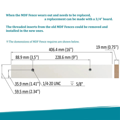 Diagram showing dimensions of MDF fence for Table Saw Miter Gauge Extension Fence System With Aluminum Miter Extension Fence Telescoping Fence And Flip Stop Ready To Extend From 16 To 24 Inches With 27 Locking Stops For Precise Angles