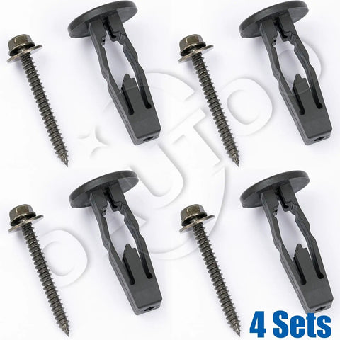 Top Shelf Rocker Panel And Splash Shield Grommet With Specialty Screw 4 Pack For Chrysler Pacifica And Voyager, featuring black grommets and screws.