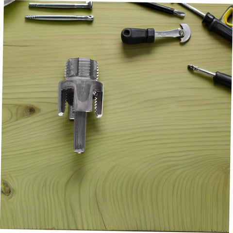 Heavy-Duty 3PC Pipe Threader Tool Kit For Plastic And Metal Water Pipes Steel Construction close-up of threading tool on wooden surface.