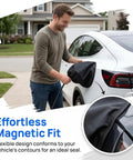 Drop In Ready Magnetic EV Charger Port Cover being applied to an electric vehicle for a secure fit against the elements.