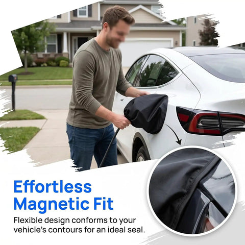 Drop In Ready Magnetic EV Charger Port Cover being applied to an electric vehicle for a secure fit against the elements.