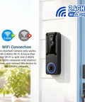 1080p Wireless Outdoor Dome Security Camera With Night Vision And Two Way Audio Smart AI Human Detection For Real Time Live View Battery Powered 2.4GHz WiFi Only Cloud Storage Sold Separately attached to wall beside door showing 2.4GHz WiFi compatibility.