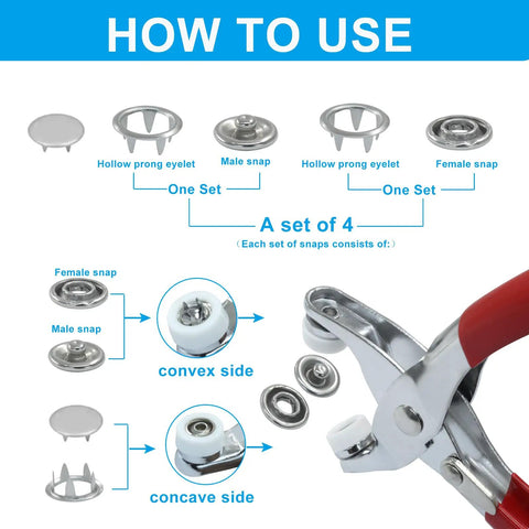 Image showing how to use Straight Up 100 Sets Of Silver 9.5 Mm Heavy Duty Metal Snap Buttons With Professional Setting Pliers Kit.