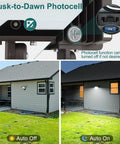 Close-up of 55W LED Flood Light with Dusk-to-Dawn Photocell, auto on/off feature, installed on house exterior demonstrating brightness