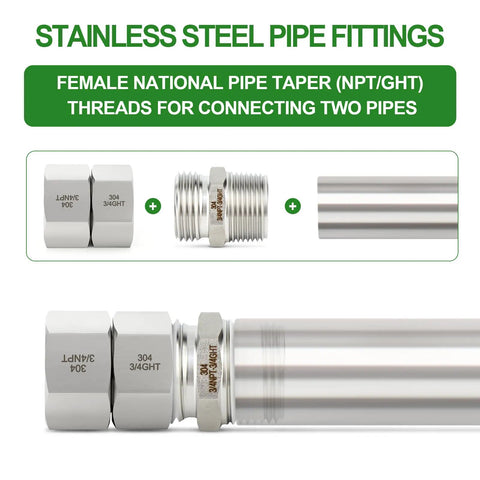 Heavy Duty 304 Stainless Steel Garden Hose Adapter Set 3/4 GHT Female To 3/4 NPT Female Swivel Fittings With Washers To Keep Leaks At Bay, Rustproof Lead Free Durable Outdoor Hose Connectors shown connected to pipe