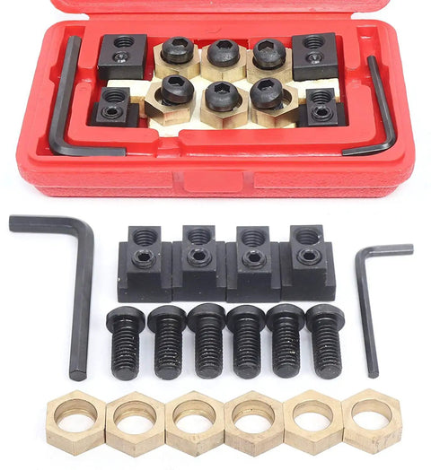 5/8 Inch T Slot Eccentric Clamping Kit Includes 6 Eccentric Bolts, 4 T Nuts, 6 Hex Stoppers and 2 Hex Wrenches in a red box