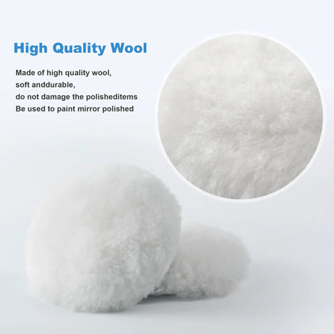 Close-up of Five Piece 3 Inch Wool Buffing Pad Set for Drill With Hook and Loop Backing M10 Adapter Natural Wool Polishing Pads