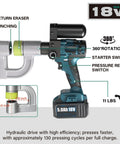 Hydraulic hole puncher kit for sheet metal, showing 360° rotation and pressure relief switch, with 11 lbs weight specification.