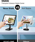 Comparison of adjustable height folding phone stands for desk with a hand operating a sturdy tilt lock stand, fits 4.7 to 13 inch devices.