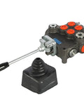 Two-Spool 21 GPM Hydraulic Directional Control Valve For Tractor Loader With Joystick, High-Flow Monoblock Valve For Precise Cylinder And Motor Control, Double-Act Spools, Compact Space-Saving Design shown with joystick and metal build.