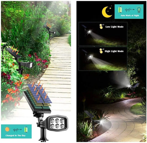 Solar Outdoor Lights 2 Pack With 6 LED Waterproof Spotlight No Fuss Auto On Off 200 Lumen highlighting garden pathway