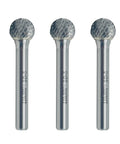 Pro Grade Tungsten Carbide Ball Burr Double Cut Rotary Bit Set Half Inch Cutter Diameter Half Inch Cutter Length Quarter Inch Shank 3 Pack