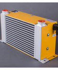 Beefy Aluminum Hydraulic Air Cooler With Motor For Oil Cooling, compact yellow and gray unit, high efficiency radiator fan DC24V