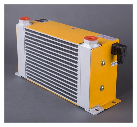 Beefy Aluminum Hydraulic Air Cooler With Motor For Oil Cooling, compact yellow and gray unit, high efficiency radiator fan DC24V