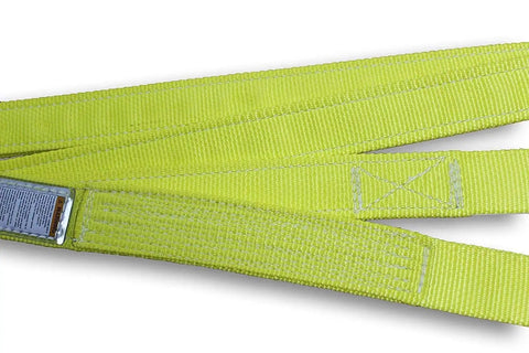 Endless Nylon Type 5 Sling 3 Inch by 28 Foot Heavy Duty Lifting Strap Two Ply Construction 16,300 Lb Vertical Capacity Versatile Rigging Gear for Lifting and Towing close-up of green nylon webbing and safety tag