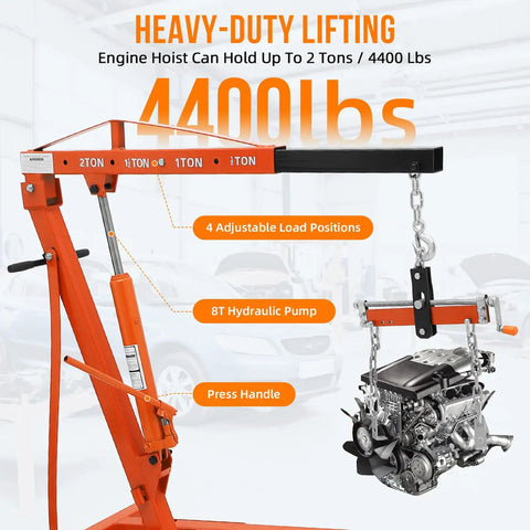 Heavy Duty Folding Engine Hoist 4000 Lbs Hydraulic Cherry Picker with engine, adjustable positions, and hydraulic pump.