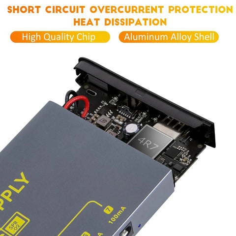 Close-up of Portable Guitar Pedal Power Supply With Seven Isolated DC Outputs showing high quality chip and aluminum alloy shell
