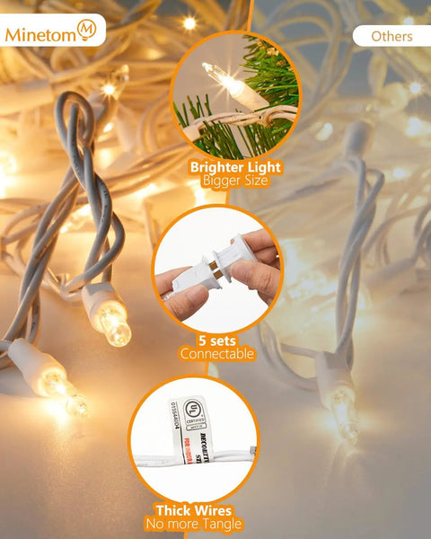 Close-up of clear Christmas lights set with 100 mini bulbs on white wire, showing connection and tangled wires for easy setup.