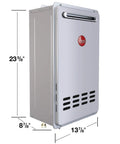 Rock Solid Outdoor Natural Gas Tankless Water Heater Cranking Eight Point Four Gallons Per Minute With Battle Tested Freeze Shield And Quick Fire Start Tech For Serious Daily Grind And Always On Home Comfort Gray Finish side view with measurements.