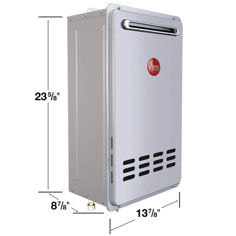 Rock Solid Outdoor Natural Gas Tankless Water Heater Cranking Eight Point Four Gallons Per Minute With Battle Tested Freeze Shield And Quick Fire Start Tech For Serious Daily Grind And Always On Home Comfort Gray Finish side view with measurements.