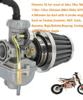 Carburetor Kit For 50cc To 125cc 4 Stroke ATVs Quads Go Karts with Air Filter Intake Manifold and Fuel Filters next to dirt bike