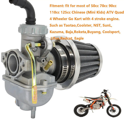 Carburetor Kit For 50cc To 125cc 4 Stroke ATVs Quads Go Karts with Air Filter Intake Manifold and Fuel Filters next to dirt bike