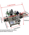 Heavy Duty Desktop Bottle Labeling Machine For Round Bottles With Lowkey Touch Screen Setup High Speed Sticker Wrapper Smooth Ride Cart, dimensions shown.