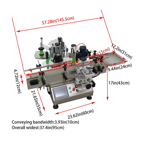 Heavy Duty Desktop Bottle Labeling Machine For Round Bottles With Lowkey Touch Screen Setup High Speed Sticker Wrapper Smooth Ride Cart, dimensions shown.