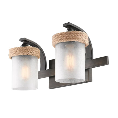 Chatham Two-Light Bath Fixture In Gunmetal Bronze, Rustic Coastal Style With Nautical Rope Accents, Sturdy Steel Construction