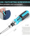 12-In-1 Ratcheting Screwdriver on white surface with dimensions, includes storage for bits in handle, built from S2 steel, for DIY use.