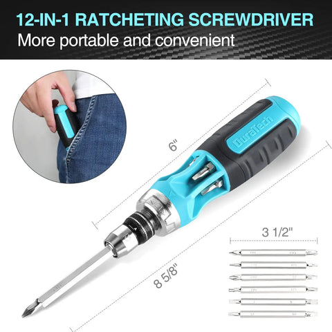 12-In-1 Ratcheting Screwdriver on white surface with dimensions, includes storage for bits in handle, built from S2 steel, for DIY use.