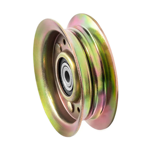 Side view of Flat Idler Pulley Replacement For Lawn Tractors And Mowers That Keeps Belts Spinning Smooth Fits Husqvarna, AYP, John Deere.