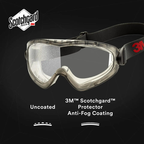 GoggleGear Indirect Vent Safety Goggles With Clear SGAF Lenses, Anti-Fog Coating For Droplet, Splash and Dust, ANSI Z87.1-2020 Compliance, Pack Of 10. Image shows goggles with Scotchgard Anti-Fog Coating.