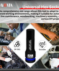 17mm Hex Impact Socket For Half Inch Drive Tough CrMo Steel Lengthened Hex Bit Adapter shown with automotive repair background.