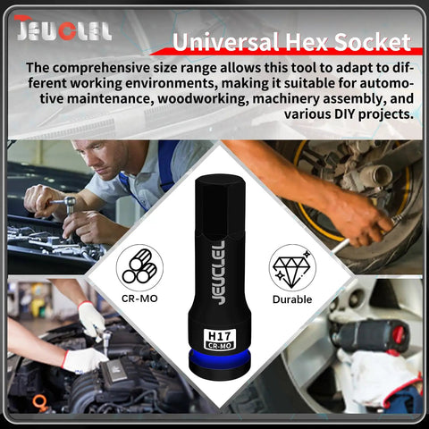 17mm Hex Impact Socket For Half Inch Drive Tough CrMo Steel Lengthened Hex Bit Adapter shown with automotive repair background.