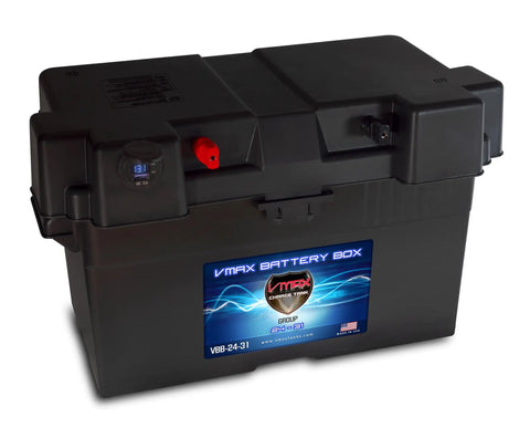 Heavy Duty Battery Box With Usb And Usb C Charging Ports And Built In Voltmeter For Group 24 27 31 Cells, black enclosure with voltmeter.