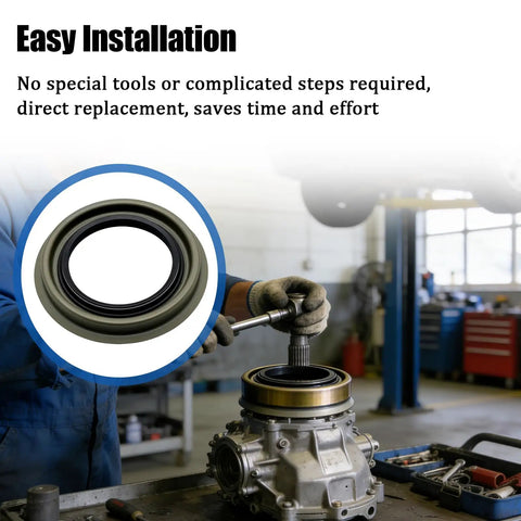 Transfer Case Output Shaft Seal Replacement Kit For Ford Edge 2007 To 2018 Explorer 2012 To 2019 Flex 2009 To 2019 Taurus 2008 To 2019 And Lincoln Continental 2017 To 2020 Beefy Heavy Duty Easy Install close-up seal and mechanic fitting transfer case
