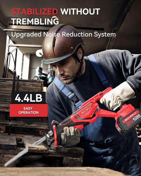 Worker using Cordless Reciprocating Saw Kit With 21V Brushless Motor, 3500 SPM, Dual 4.0Ah Batteries, cutting wood